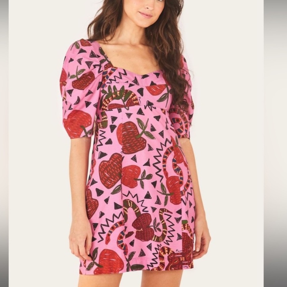 FARM Rio snake and apple print mini dress puff sleeve